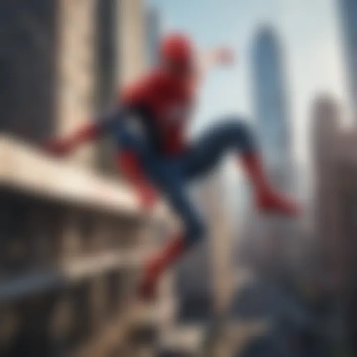 A dynamic illustration of Spider-Man swinging through a futuristic cityscape