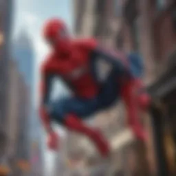 Tom Holland in Spider-Man suit swinging through the city