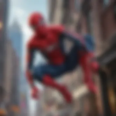 Tom Holland in Spider-Man suit swinging through the city