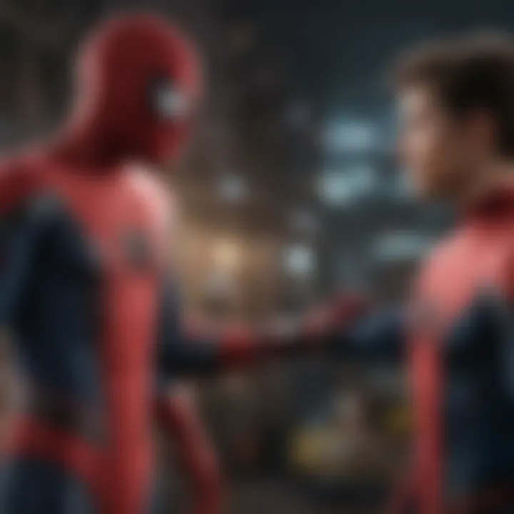 Tom Holland in Spider-Man suit facing off against a powerful villain