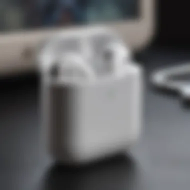 Sleek design of AirPods with app icon in the background