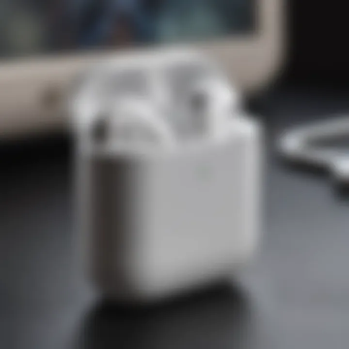 Sleek design of AirPods with app icon in the background