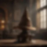 The iconic Sorting Hat perched on a wooden stool in Hogwarts