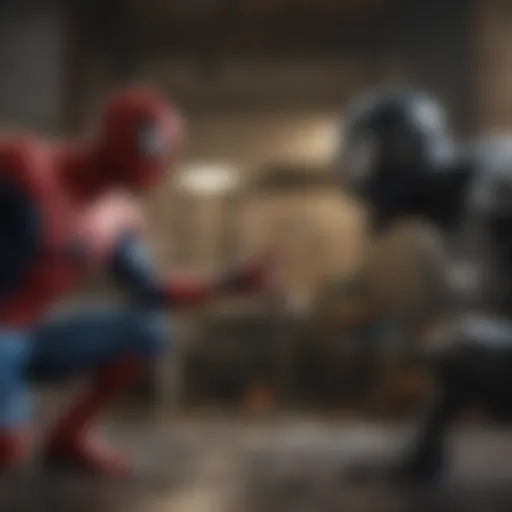 Venom and Spiderman facing off in a dramatic showdown