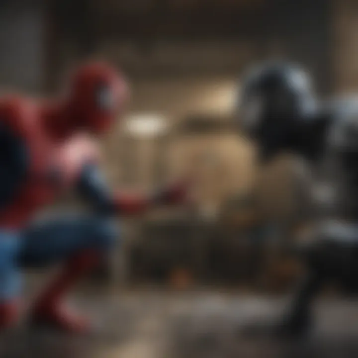 Venom and Spiderman facing off in a dramatic showdown